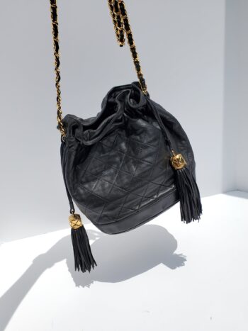 Vintage CHANEL 24k Gold Black Leather Quilted Bucket Bag