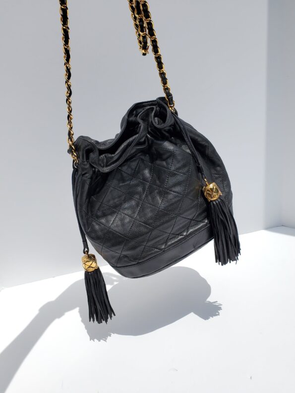 Vintage CHANEL 24k Gold Black Leather Quilted Bucket Bag