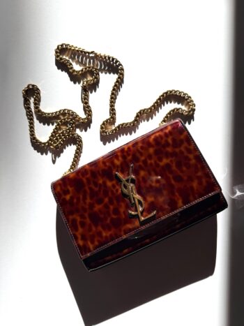 SAINT LAURENT Kate Small Patent Monogram Chain Wallet Tortoiseshell Crossbody Brown Bag