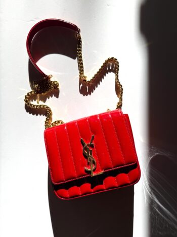SAINT LAURENT Patent Matelasse Monogram Small Vicky Red Chain Bag