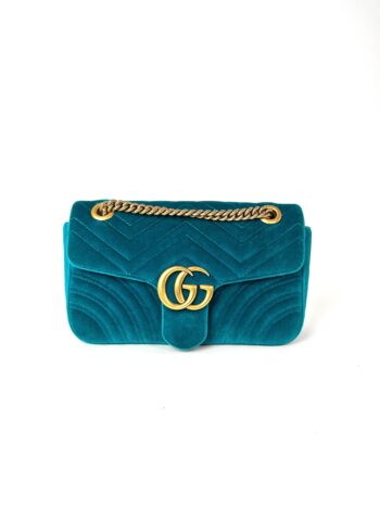 GUCCI Marmont Matelasse Small Velvet GG Pavone Cyan Crossbody Shoulder Bag