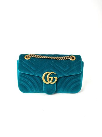 GUCCI Marmont Matelasse Small Velvet GG Pavone Cyan Crossbody Shoulder Bag