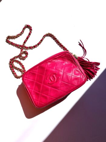 CHANEL Vintage Tassel Pink Leather Quilted Crossbody Camera Case Bag