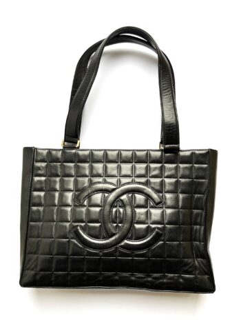 Vintage CHANEL Chocolate Bar Black Leather Shoulder  Bag