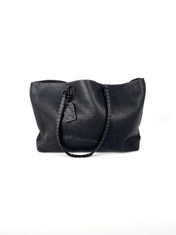 FENDI Sellier Roll Black Leather Shoulder Tote Bag