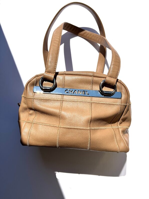 Vintage CHANEL LAX Square Quilt Bowler Dark Beige Leather Bag