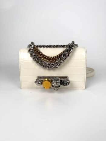 Alexander McQueen Jeweled Chain Link Skull Knuckle White Crossbody Mini Clutch