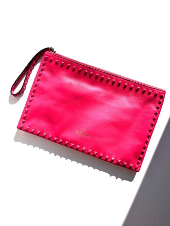 VALENTINO Rockstud Monochrome Pink Leather Clutch Pouch Bag