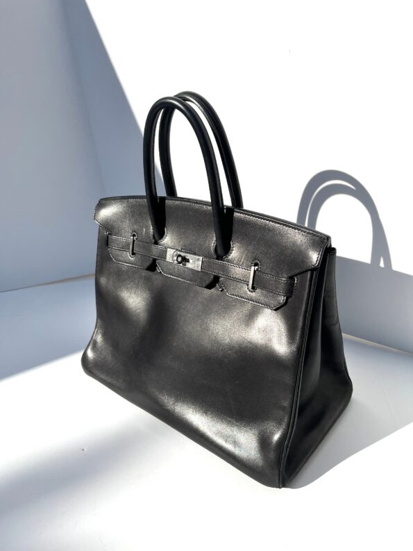 HERMES Black Box Leather Birkin 35 Handbag