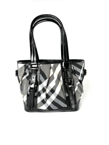 Burberry Nylon Leather Black Beat Check Lowry Tote Bag