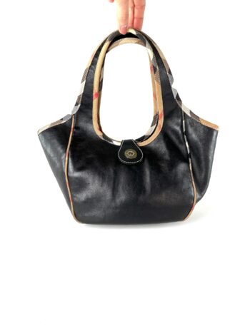 Burberry Black Leather Nova Check Trim Hobo Bag