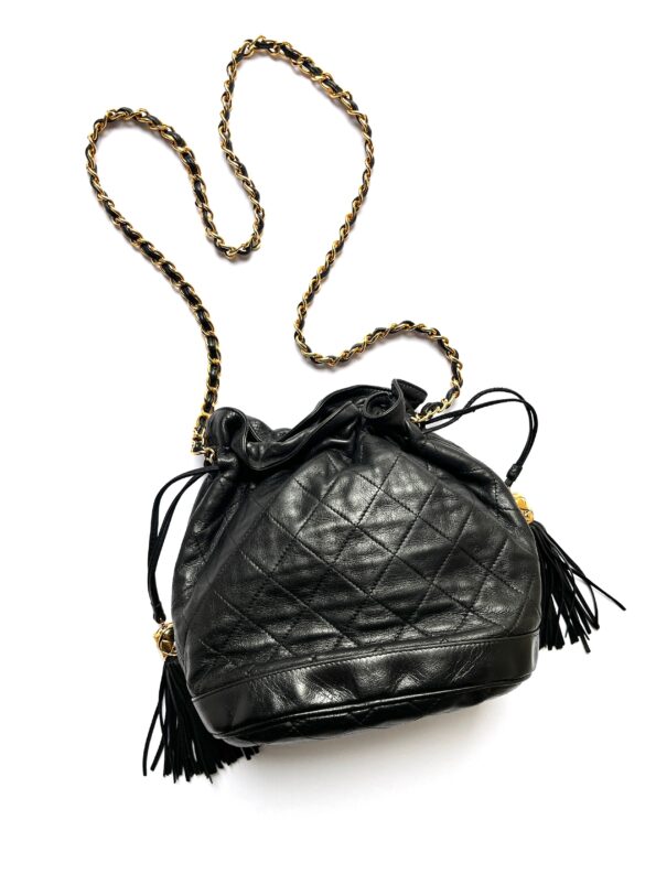 Vintage CHANEL 24k Gold Black Lambskin Leather Quilted Bucket Shoulder Bag